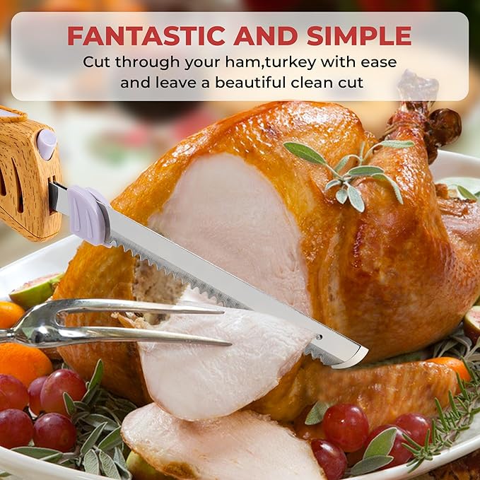Prikoi Electric Knife - Carving Knife Set, Easy-Slice Serrated Edge Blades for Meat, Bread, Turkey, Ribs, Fillet, DIY, Ergonomic Handle + 2 Blades for Raw & Cooked Food New Upgrade(Faux Wood)