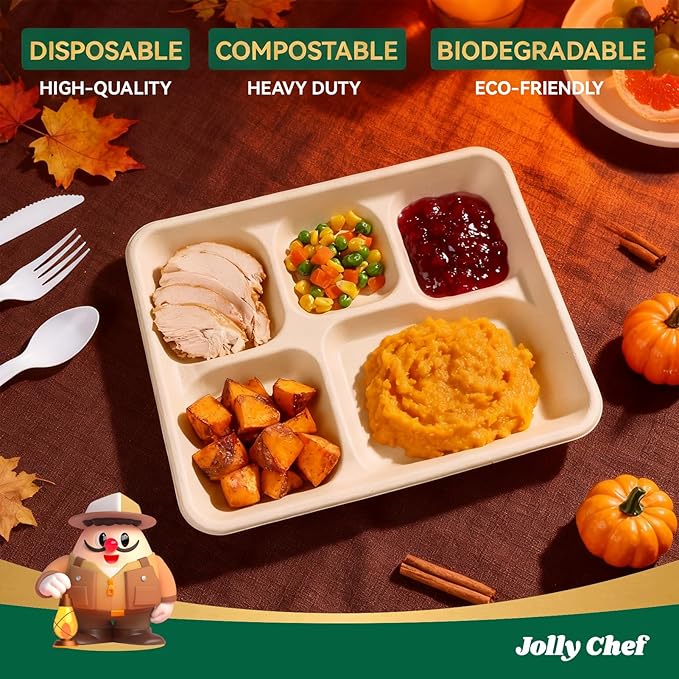 JOLLY CHEF Compostable 𝟱 Compartment Paper Plates 10*8.25*1 𝗶𝗻𝗰𝗵 [𝟱𝟬𝟬 𝗣𝗮𝗰𝗸] Small Heavy Duty Divided Disposable Eco-Friendly Biodegradable Food Trays for School Thanksgiving Day(Brown)