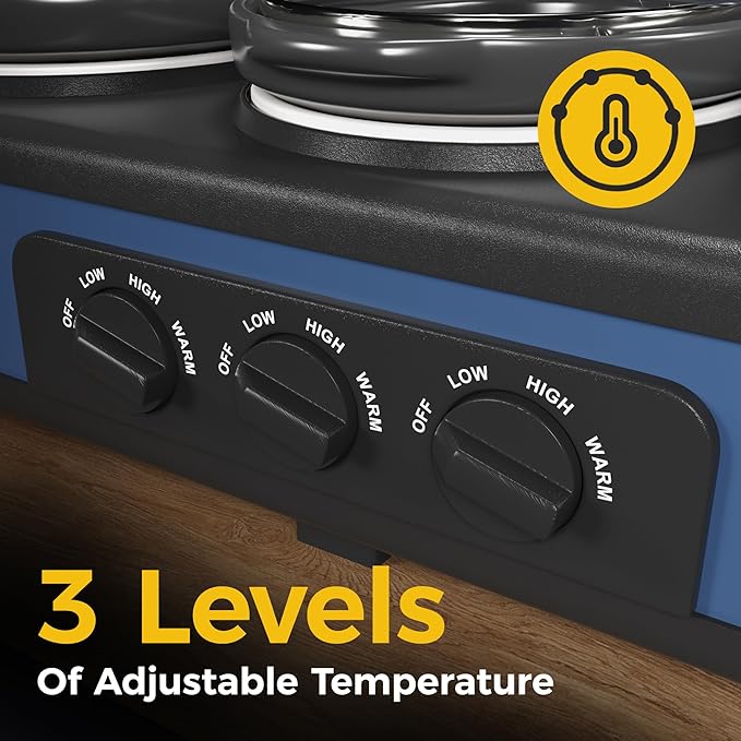 Sunvivi Triple Slow Cooker Buffet Servers and Warmer, Large 3 Pot Food Small Mini Manual Slow Cooker with Adjustable Temp Stainless Steel Lid Rests,Removable Ceramic Pot, 3 * 2.5 Quarts, Blue