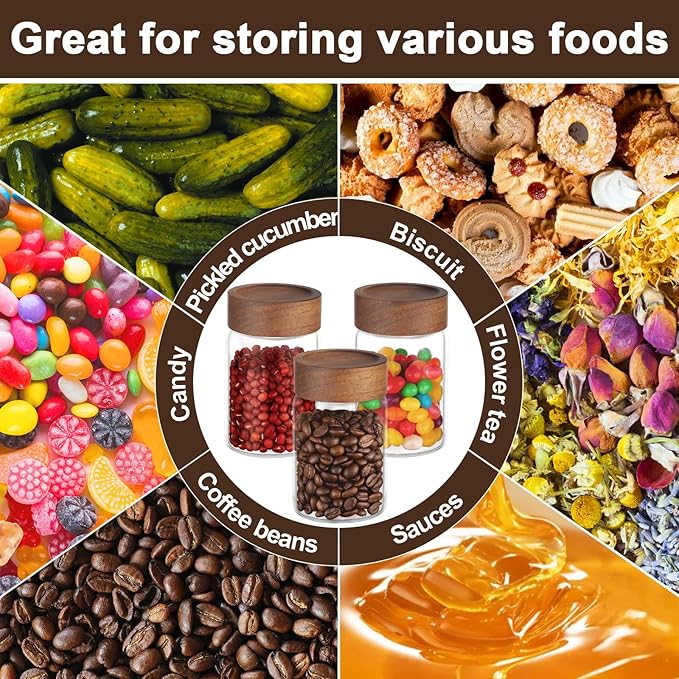 Glass Jar with Airtight Lid, 4 Pack 7oz Glass Canister with Wood Lids, Kitchen Food Storage Containers, Wooden Screw Top Glass Coffee Jars for Sugar, Tea, Oatmeal, Candy, Seasoning, Beans, Salad