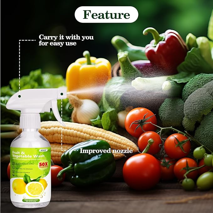 ASKIZ Fruit & Vegetable Wash,13 Gallons Lemon Produce Wash and Clean,Fruit Cleaner Comes With an Improved Nozzle Bottle,Multi Purpose Cleaner Removes Wax, Dirt and Surfaceues