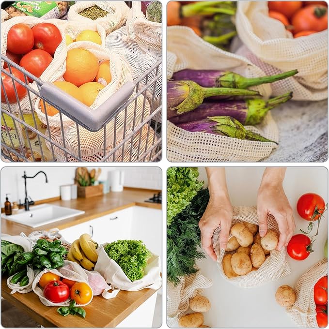 KerKoor Reusable Cotton Mesh Produce Bags - Produce Storage, Vegetable & Fruit Bags (6 Pack)