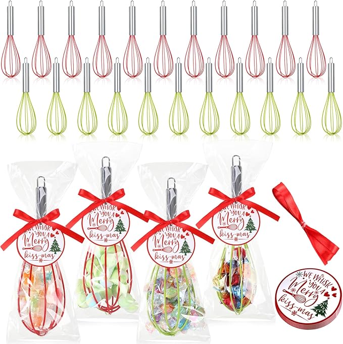 36 Sets 8 Inch Christmas Whisks Gifts DIY Fillable Christmas Tree Ornaments Xmas Colored Silicone Whisks for Cooking Heat Resistant Egg Beaters with Card Rope Bag for Candy Holder