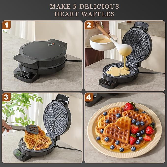 UVFAST Heart Waffle Maker, Heart Shaped Waffle Iron 5 Slices, Mini Waffle Makers with 8'' Non-stick Plates, Adjustable 5 Browning Control, Cool Touch Handle, Easy to Clean, Valentine's Day Gift, 1000W
