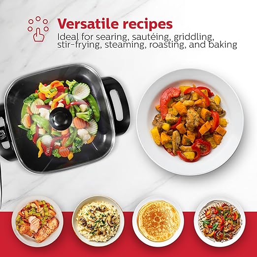 Holstein Housewares 12-Inch Electric Skillet - 1400W Electric Pan with Adjustable Temperature Control, PFOA-Free Non-Stick Coating, Cool-Touch Handles, Multi-Function Cooker, Black