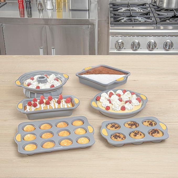 Restaurantware Silicone Baking Molds Pack of 10 Non-Stick Muffin Molds with Handles 6 Compartments, Oven-Friendly Dishwashable Freezer-Friendly Heat-Resistant Gray Silicone Cupcake Muffin Pans