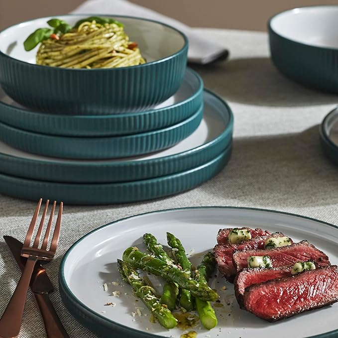 Christian Siriano Laro 24-Piece Stoneware Dinnerware Set, Plates and Bowls Set, Microwave and Dishwasher Safe, Dish Set for 8, Green