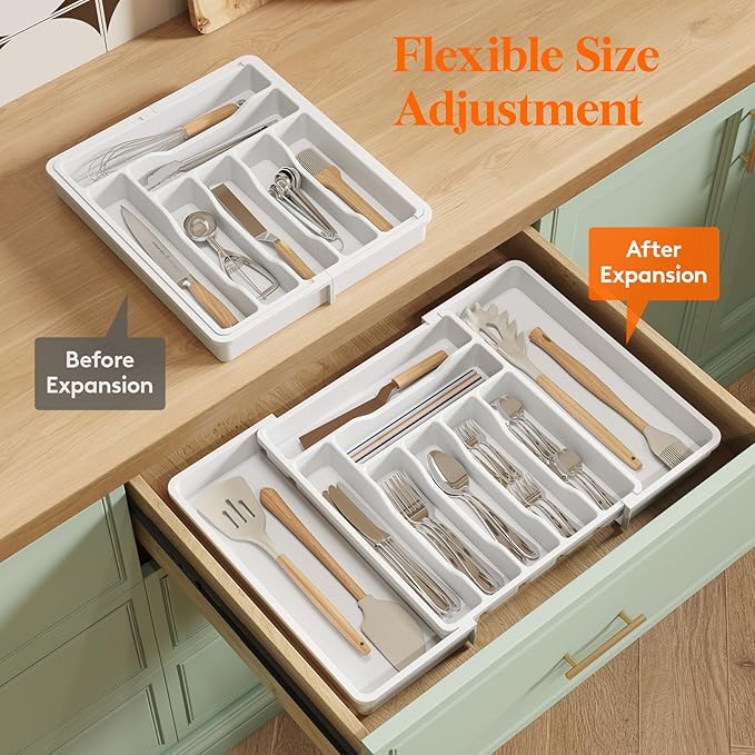 Lifewit Utensil Organizer for Kitchen Drawer, Expandable Cooking Silverware Tray, Adjustable Cutlery Flatware Holder, Plastic Spatula Tools Storage Divider, 13-22.4 x 15", White