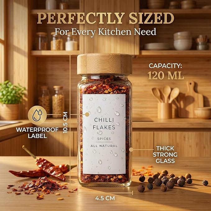 Glass Spice Jars with 360 Labels -24 pcs- 4oz- Spice Containers with Bamboo Lids -Shaker Lids- Pepper Grinder-Spice Organization for Cabinet-Drawer-Rack-Seasoning Organizer-Square bottles