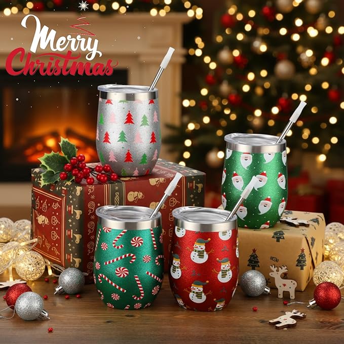 Sliner 4 Pack Pack Christmas Glitter Tumbler Bulk, 12 oz Holiday Wine Tumbler Set Stainless Steel Insulated Sparkling Glitter Cup with Lids Straws and Brushes Travel Mug Xmas Gift (Cute Style)
