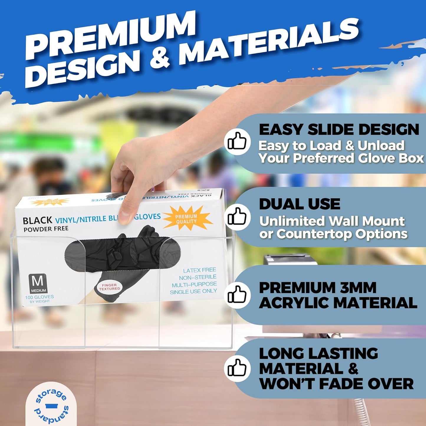 Storage Standard Glove Box Holder Dispenser - Kitchen, Medical, & Latex Gloves Holder Wall Mount or Countertop, Universal Fit - Thick Acrylic, Easy to Use, Slide, & Load Open Top Design - Clear