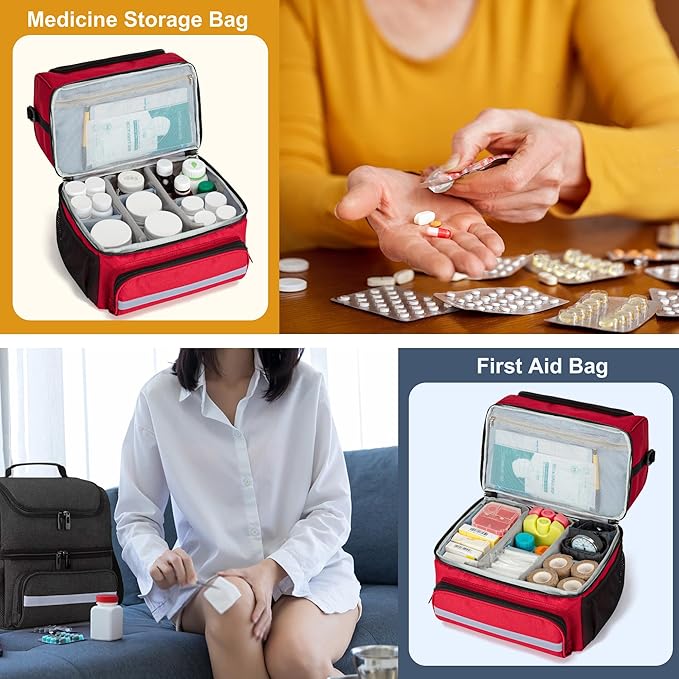 CURMIO Double Layers Medicine Storage Bag, Pill Bottle Organizer Bag with Inner Dividers, Medication Travel Bag for Vitamins, Supplements, Prescription Bottles, Medical Supplies, Red (Patent Design)