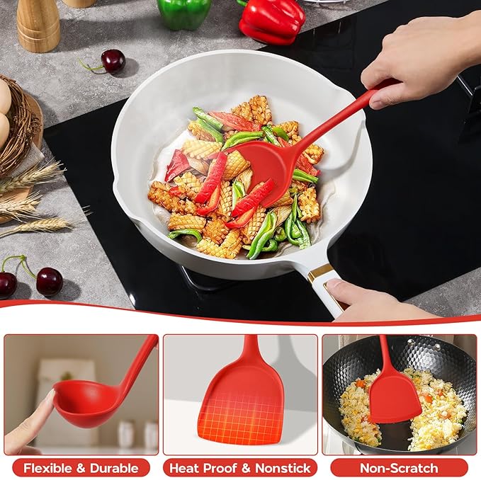 Onader Silicone Cooking Utensils Set, Red Kitchen Utensils 6 Pcs Set, Heat Resistant Kitchen Tool Kit, Nonstick Cookware Friendly & Non Toxic