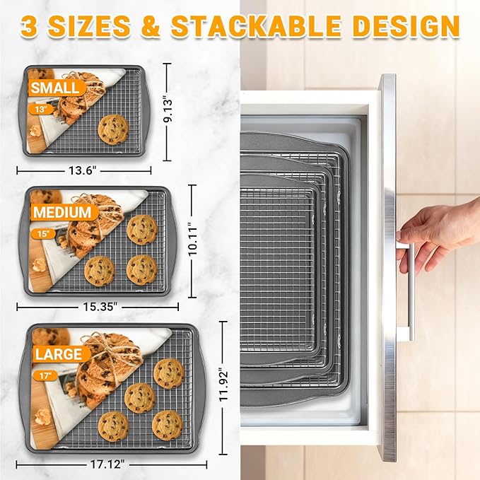 Baking Pan Set of 3 - Carbon Steel Baking Sheets with Cooling Racks, 13/15/17 Inch, Nonstick Cookie Sheets for Baking, Rust & Warp Resistant & Stackable, Nontoxic & Heavy Duty & Easy Clean