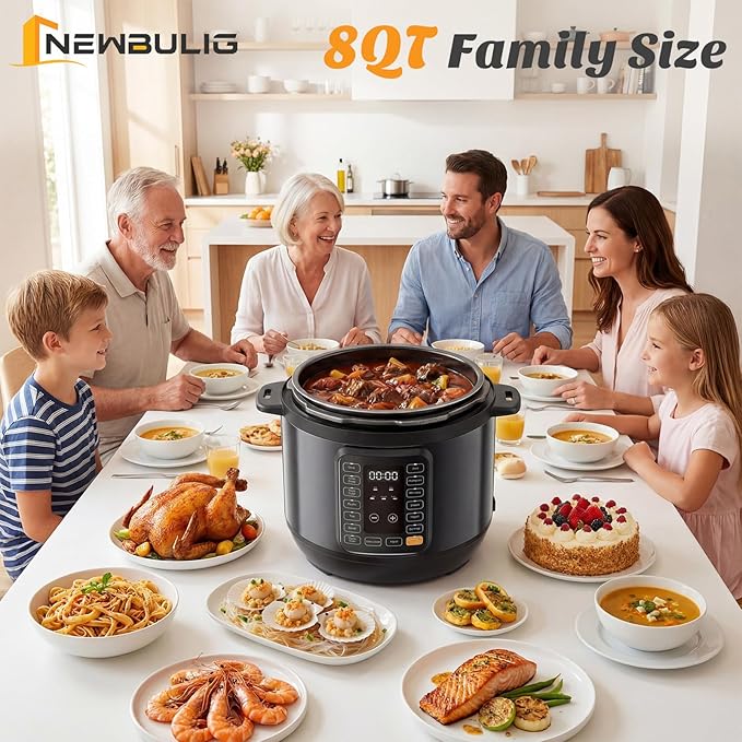NEWBULIG 16-in-1 Electric Pressure Cooker, 8QT Multi Cooker with 12 Presets, Slow Cook Rice Steamer Sauté Soup Meat Stew Canning Yogurt Maker, Ceramic Inner Pot & Recipe Book Included, Black