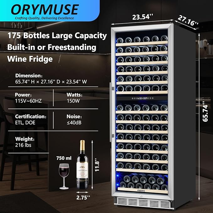 ORYMUSE Dual Zone Wine Fridge Freestanding 175 Bottle, 24 Inch Large Capacity Built-in Wine Cooler Refrigerator with Upgraded Compressor Cooling and Intelligent Temperature Memory