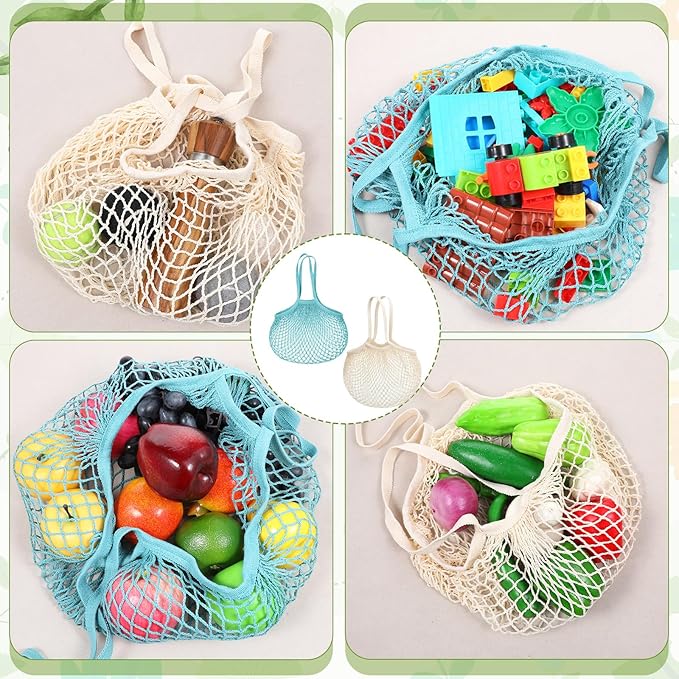 Thinp 2 Pcs Cotton Mesh Produce Bags, Reusable Mesh Grocery Bag with Long Handle Net Tote Cotton String Shopping Bag for Fruit Vegetables Market Shopping