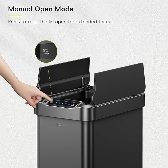 EKO Phantom-T 13.2 Gallon/ 50L Automatic Sensor Kitchen Trash Can, Slim Stainless Steel Touchless Garbage Bin with Soft-Close Dual Wing Lid for Home & Office, Matte Black