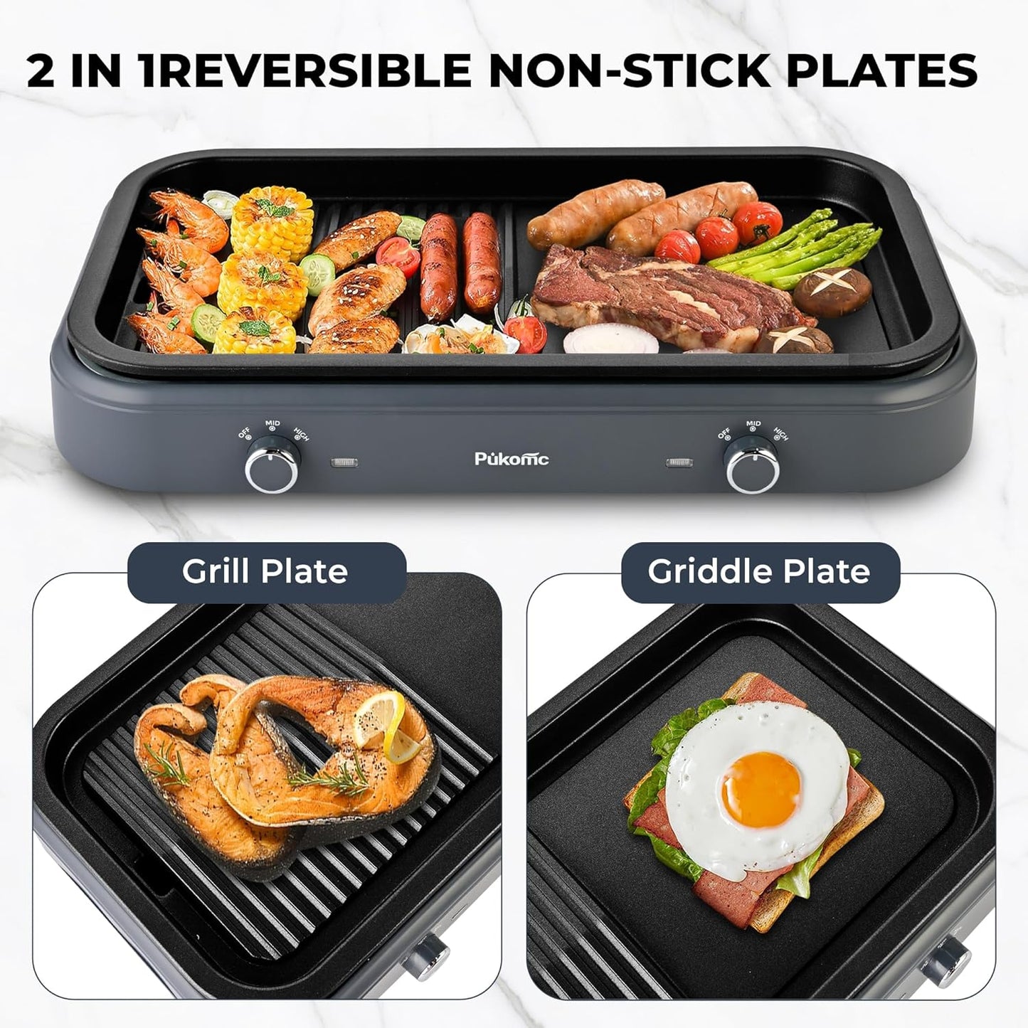 Pukomc Electric Indoor Grill,1500W,Non-Stick Cooking,Adjustable Dual Cooking Zones with,indoor grills electric smokelessSafe for Family, Party, Kitchen Use,gray