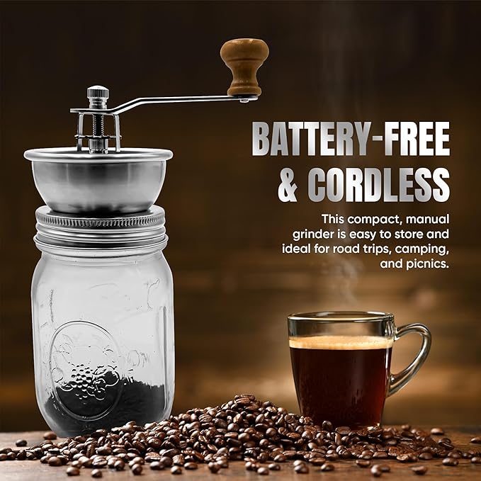 Stainless Steel Coffee Grinder Lid Attachment for Regular Mouth Mason Jars - Manual Crank Burr Grinder for Fresh Coffee, Ideal for Camping, Home Barista, Rust Proof Ceramic Mechanism