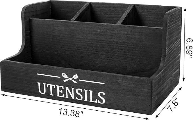 RedCall Extra Large Kitchen Utensils Holder 4 Compartments,Wood Utensil Organizer for Kitchen Countertop,Farmhouse Cooking Utensil Holder with Spice Storage space (Black)