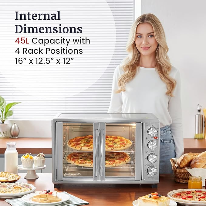 Elite Gourmet ETO-4510M French Door 47.5Qt, 18-Slice Convection Oven 4-Control Knobs, Bake Broil Toast Rotisserie Keep Warm, Includes 2 x 12" Pizza Racks, Stainless Steel