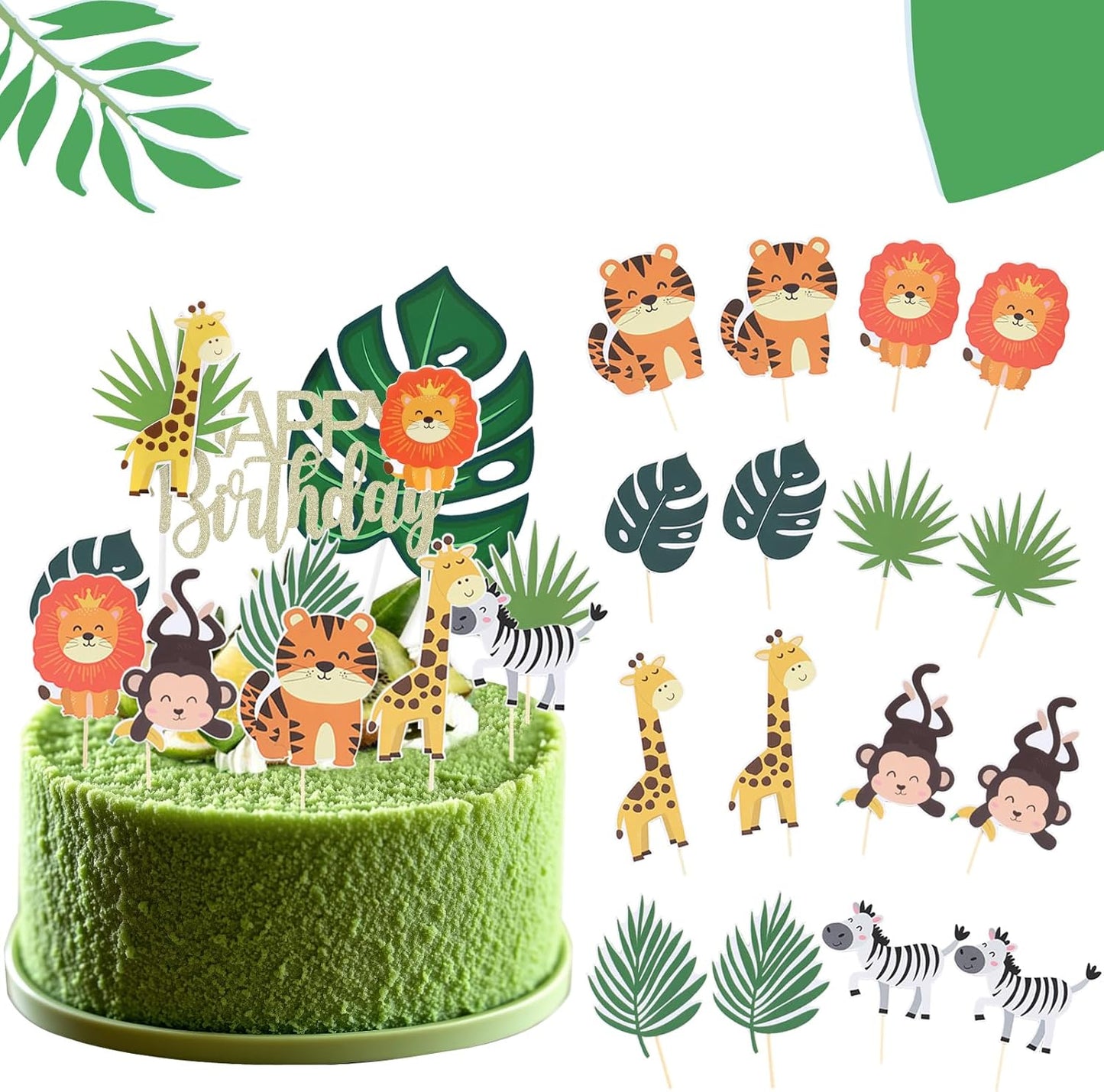 Safari Animal Cake Topper, Wild One Birthday Decorations,Safari Baby Shower Decoration,with Tropical Leaves,Cute Jungle Animals Cake Decor, for Girls Boys, Wild Theme Birthday Party Supplies