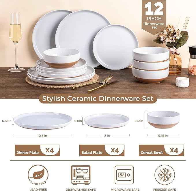 AmorArc Ceramic Dinnerware Sets for 4, 12 Pieces Handpainted Plates and Bowls Set with Rustic Terracotta Underside, Scratch Resistant Stoneware Dishes Set, Dishwasher & Microwave Safe, White