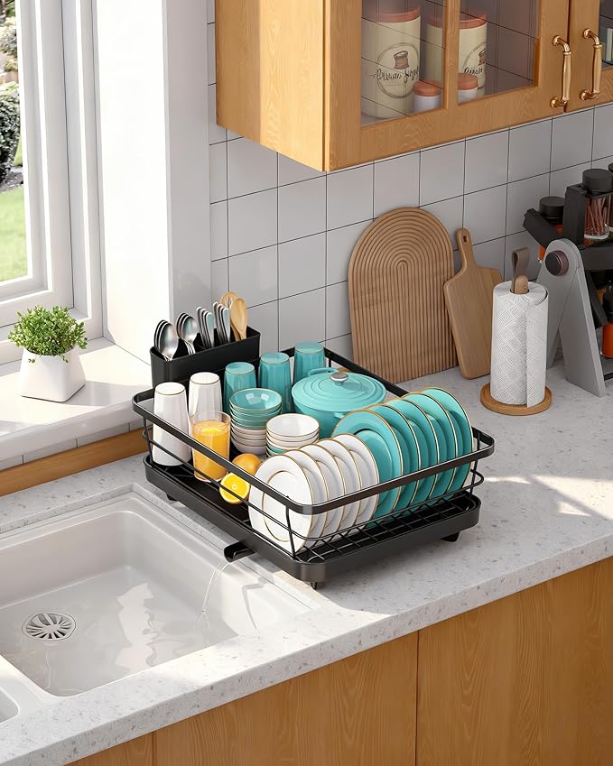 Sakugi Stainless Steel Dish Drying Rack for Kitchen Counter, Sink Organization and Storage Essentials with Silverware & Utensil Holder, Home and Apartment Decor, 12''W x 15.5''L, Black