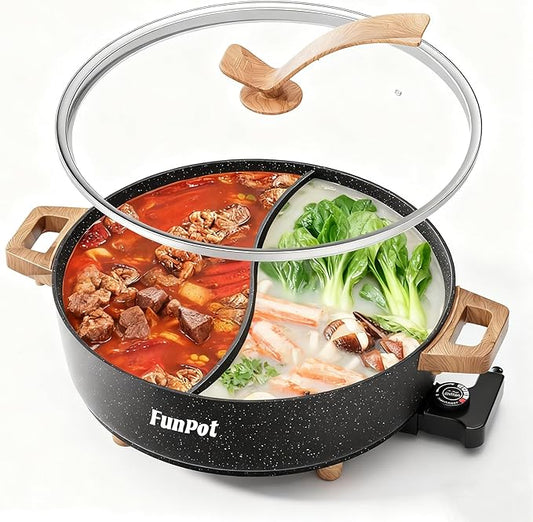 Electric Twin Compartment Hot Pot with Divider, Diamond grid embossed base, 1350W Temperature control, Large 6-Litre Capacity, Compact Woodgrain handles with Hollow Design