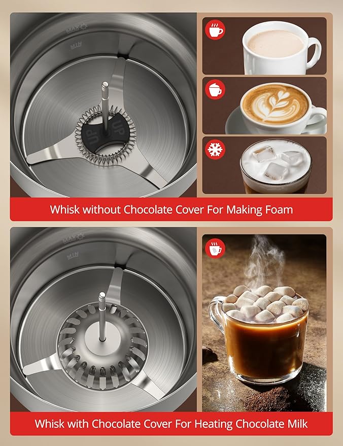 Milk Frother and Steamer, PARIS RHÔNE 4 in 1 Detachable Milk Steamer, 500ml Hot Chocolate Maker and Milk Warmer with Hot & Cold Foam, Dishwasher Safe, All Stainless Steel