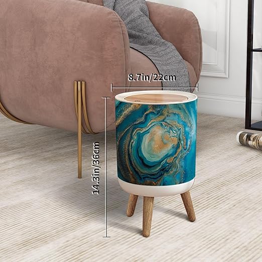 Trash Can with Lid Acrylic Fluid Art Blue turquoise waves gold spots inclusions Abstract Press Top Round Small Garbage Bin with Wooden Legs Waste Basket for Kitchen Bedroom Nursery 7L/1.8 Gallon