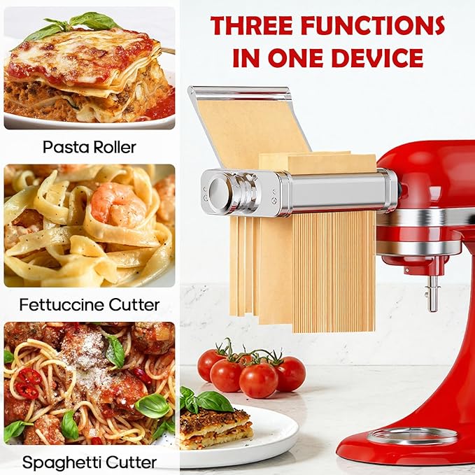 Stainless Steel Pasta Attachment for KitchenAid Stand Mixer, 3-in-1 Pasta Maker with Pasta Roller, Spaghetti & Fettuccine Cutters, Food-Grade KitchenAid Pasta Attachment for Homemade Noodles