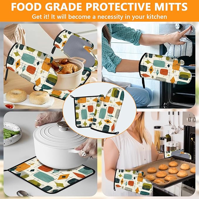 Mid Century Oven Mitts and Pot Holders Sets 4Pcs Silicone Non-Slip Mitts Heat Resistant Gloves Hot Pads for Kitchen Cooking Baking Grilling BBQ