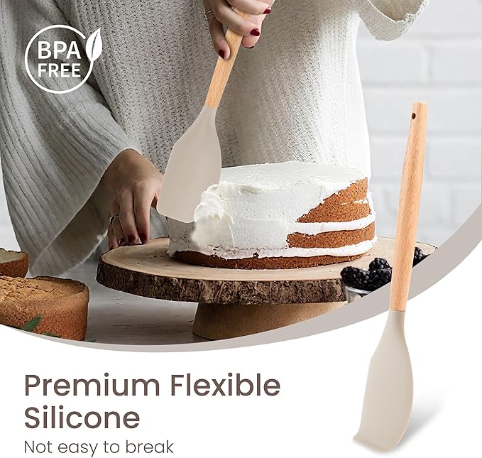 26 Pcs Silicone Cooking Utensils Set with Holder, NCUE BPA Free Kitchen Utensils Set for Cooking, 446°F Spatulas Silicone Heat Resistant Wooden Handle Spoon Tongs Non-stick Kitchen Gadgets (Khaki)