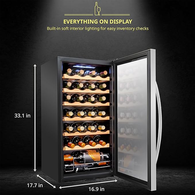 SCHMÉCKÉ 28 Bottle Compressor Wine Cooler Refrigerator w/Lock - Large Freestanding Wine Cellar For Red, White, Champagne or Sparkling Wine - 41f-64f Digital Temperature Control Fridge Stainless Steel