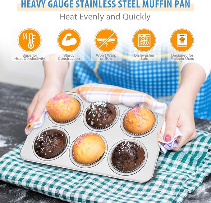 E-far Muffin Pan Set of 2, Stainless Steel Muffin Pan Tin for Baking, 6-Cup Metal Cupcake Pan Tray, Non-toxic & Healthy, Oven & Dishwasher Safe, Regular Size - 11.44 x 7.12 x 1.25 Inch