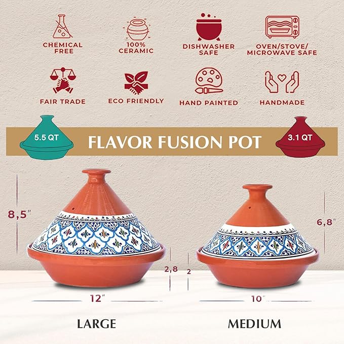 Kamsah Tagine Pot for Cooking and Flavor Enrichment - Large Clay Pot 12”, 5.5 QT - Non-Stick Handmade Cookware - Moroccan Ceramic Pots for Cooking with Lid & Serving Bowl - Bohemian Classic Turquoise