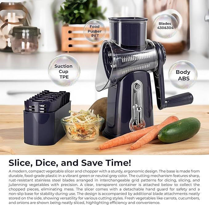 Chef Power Premium Quality 5 in 1 Cheese Grater Hand Crank - Stainless Steel Rotary Cheese Grater for Effortless Grating - Durable and Ergonomic Design for Professional and Home Use (Violet)