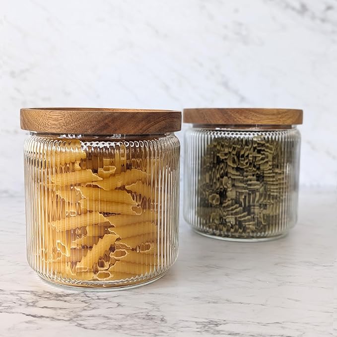 Mason & Fable Ribbed Glass Jar, Stackable & Airtight Wooden Lid- Storage Canister for Cereal, Pasta, Rice/Flour - High End Look for Kitchen, Pantry, Bar Organization - 40oz, Set of 2