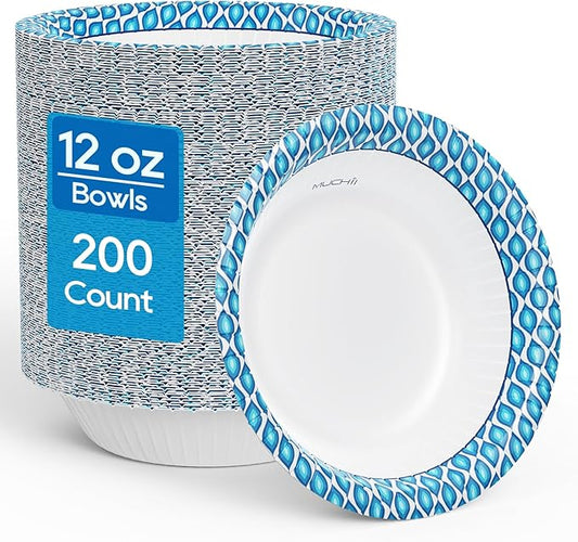 MUCHII 12 Oz Paper Bowls 200 Counts Disposable Bowls, Printed Soak Proof Small Bowls for Breakfast, Lunch, and Dinner Meals