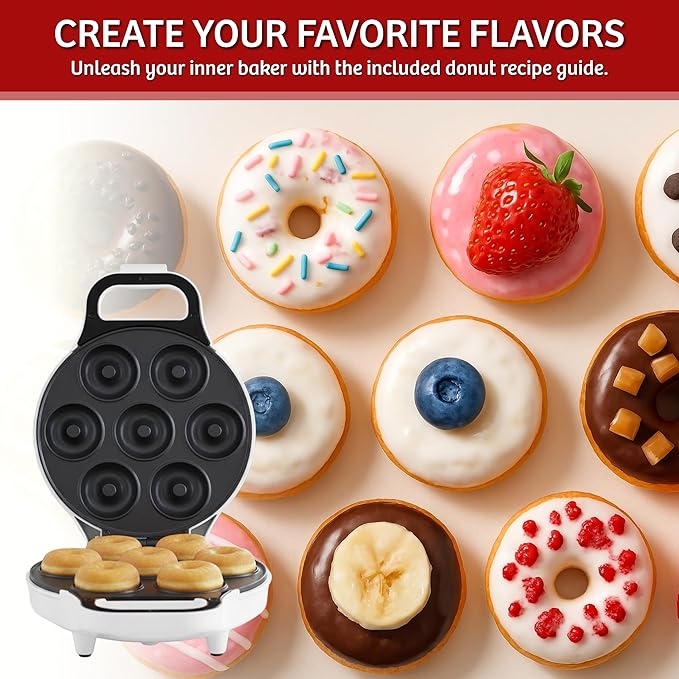 Mini Donut Maker, Durable, Nonstick Easy to Use Mini Baking Machine - Cooks 7 Mini Doughnuts at a Time - Glazed, Frosted with Sprinkles, Nuts, or Vegan Donuts, & More (White)