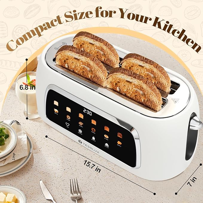 Tesslux 4 Slice Toaster with Touch Screen Control, 1.5" Wide Long Slots, 6 Browning Levels & 6 Bread Types, Digital Timer, Memory, Defrost, Reheat (WHITE)