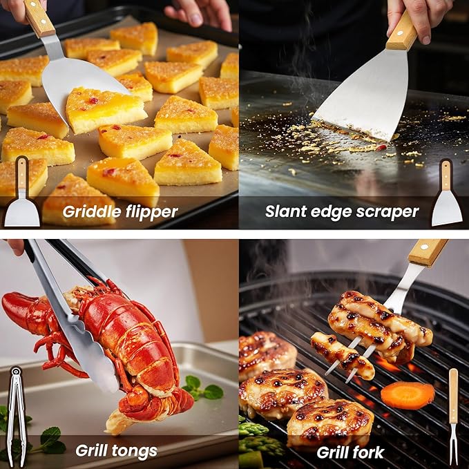 33PCS Griddle Accessories Kit, Flat Top Grill Accessories Set for Blackstone and Camp Chef, Stainless Steel Grill Spatula Set with Enlarged Spatulas, Basting Cover, Burger Press for Outdoor Barbecue