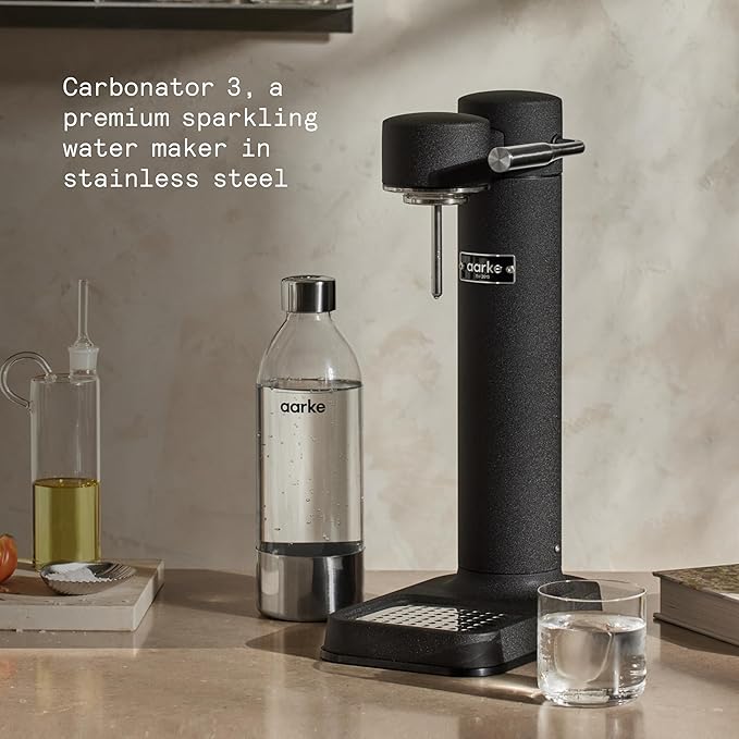 Aarke Carbonator lll with CO2 Cylinder, Sparkling & Carbonation Water Machine, Stainless Steel with PET BPA-Free Reusable Bottle Volume 1L/34 fl oz (Matte Black)