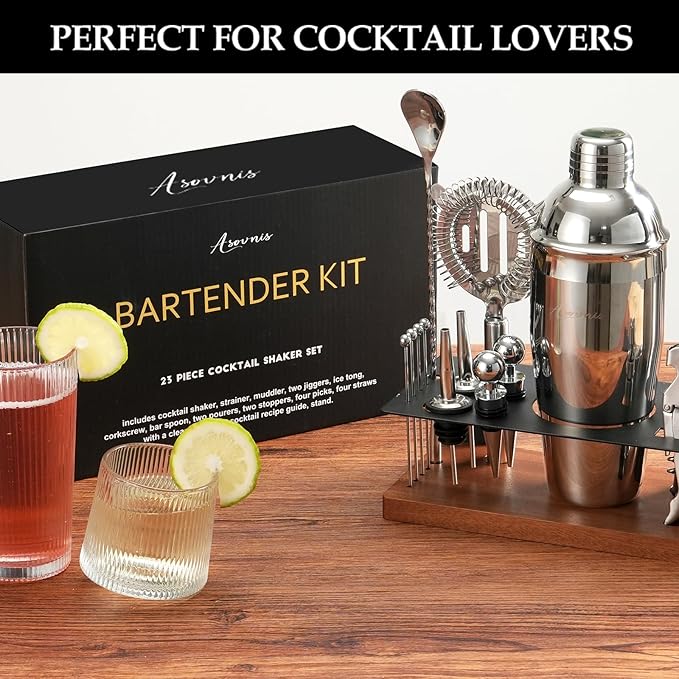 23-Piece Bartender Kit, Cocktail Shaker Set with Stand | Bar Set Drink Mixer Set with All Essential Bar Tools: Martini Shaker,Bar Mixer Spoon, Jigger, Strainer, Muddler, Pourers, for Home, Bar, Party