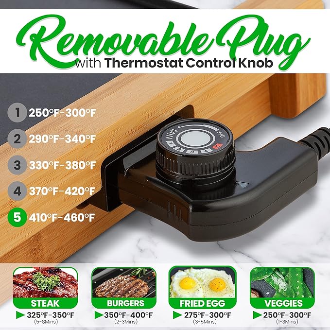 NutriChef Household Smokeless Indoor Grill, Nonstick Electric Grill, Detachable Bamboo, Tempaerature Control, Adjustable Temperature Knob, For Indoor BBQs with no smoke (Black)