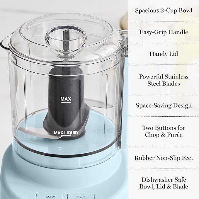 Martha Stewart 3 Cup Electric Food Chopper, Vegetable & Herb Mini Food Processor, 24oz BPA-Free Bowl, Stainless Steel Blades, Pour Spout, Dicing, Mincing, Chop & Puree, Dishwasher Safe, Sky