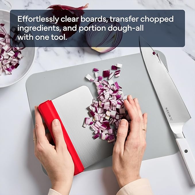 Misen Stainless Steel Bench Scraper - Versatile Food Scraper with Walnut Handle - Ideal for Kitchen, Pastry & Dough - Durable Cutting Board Scraper Tool - Effortless Transfer into Pots & Pans - Red