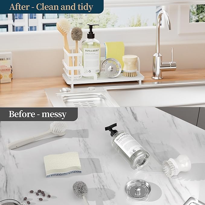 Consumest Sponge Holder for Kitchen Sink - Sink Caddy Organizer with Water Absorbing Stone Tray, Detachable Brush Holder, Stainless Steel Kitchen Counter Organizer Rack, White
